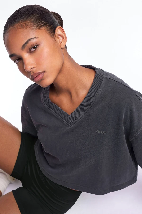 French Terry Crop V Neck Sweatshirt